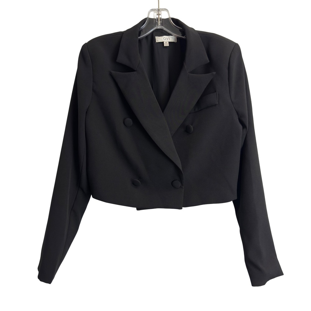 OVI Black Cropped Double Breasted Blazer‎ Womens Medium Jacket Peak Lapel